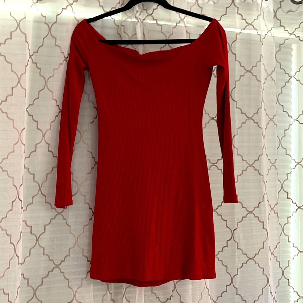 Reformation Red Ribbed Long Sleeve Mini Dress